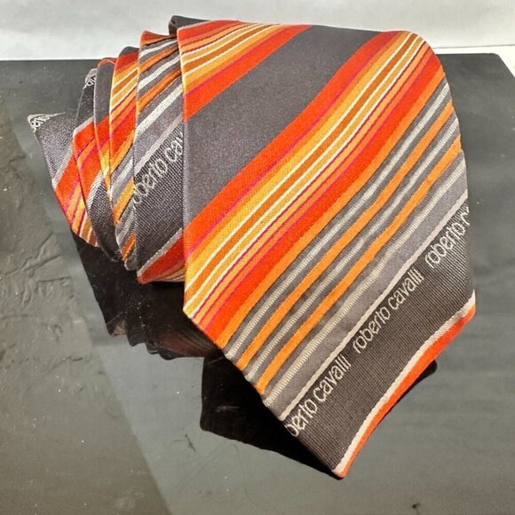 Roberto Cavalli Silk Tie Orange Gray Yellow Stripe Striped White Luxury - Picture 2 of 5
